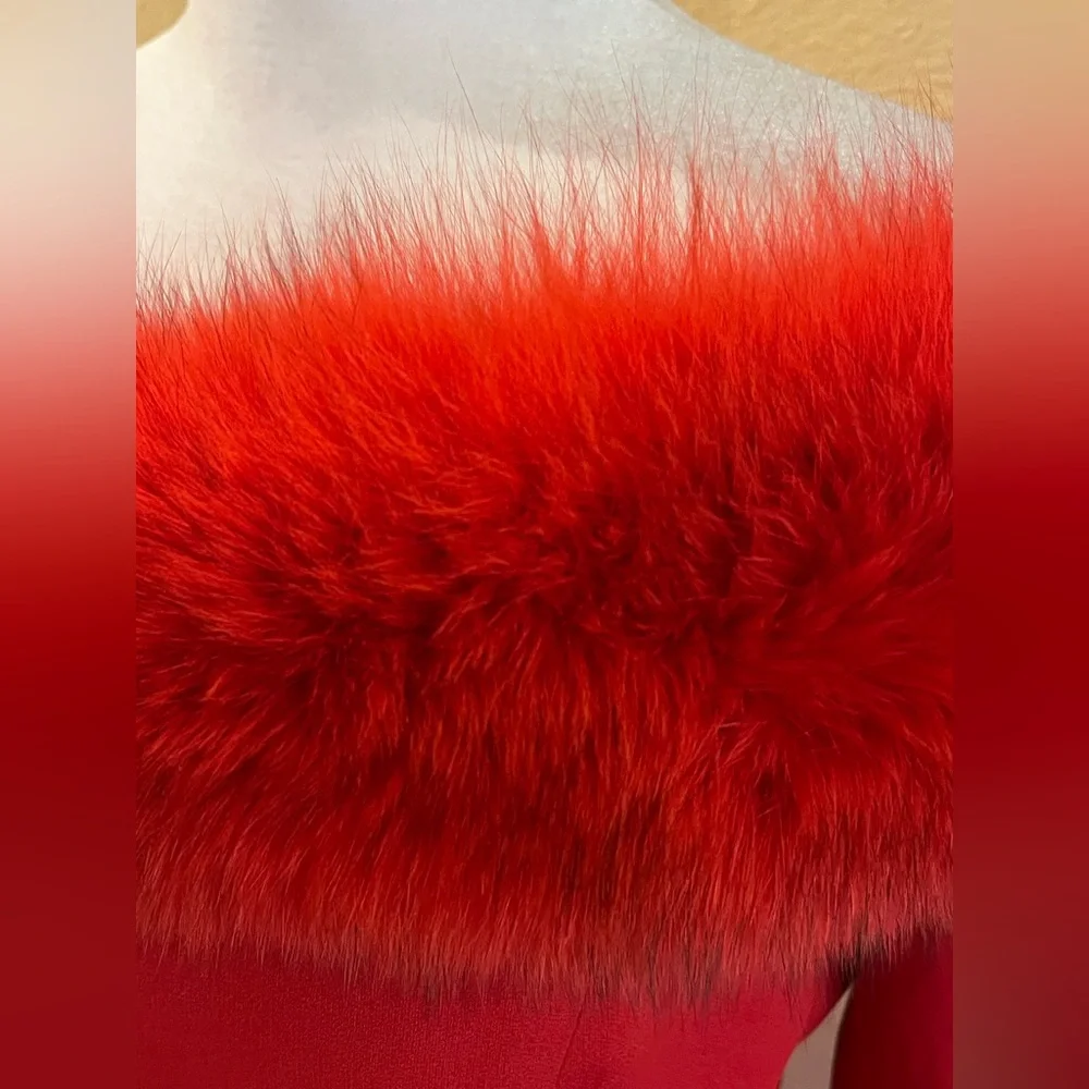 Vintage off-shoulder cocktail dress w/ fur trim. Fitted, lined, midi. Red. 10 - Picture 5 of 16